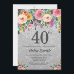 Zilveren Glitter Bloem 40e Verjaardagsuitnodiging Kaart<br><div class="desc">Zilveren Glitter Bloem 40e Verjaardagsuitnodiging voor Vrouwen. Waterverf Bloem. Zilveren Glitter Achtergrond. Roze, Geel, Oranje, Paarse Bloem. Volwassen Verjaardag. 13e 15e 16e 18e 20e 21e 30e 40e 50e 60e 70e 80e 90e 100e, Elke Leeftijd. Voor verdere aanpassing, klik op de "Pas het aan" knop en gebruik onze ontwerp tool om...</div>