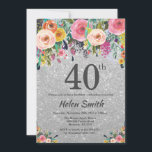 Zilveren Glitter Bloem 40e Verjaardagsuitnodiging Kaart<br><div class="desc">Zilveren Glitter Bloem 40e Verjaardagsuitnodiging voor Vrouwen. Waterverf Bloem. Zilveren Glitter Achtergrond. Roze, Geel, Oranje, Paarse Bloem. Volwassen Verjaardag. 13e 15e 16e 18e 20e 21e 30e 40e 50e 60e 70e 80e 90e 100e, Elke Leeftijd. Voor verdere aanpassing, klik op de "Pas het aan" knop en gebruik onze ontwerp tool om...</div>