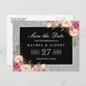 Zilveren Glitter Bloemen Bruiloft Save the Date Aankondigingskaart (Voorkant / Achterkant)