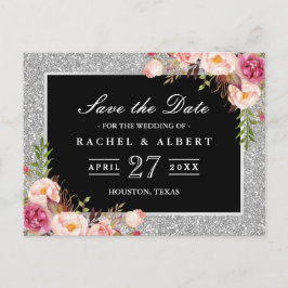 Zilveren Glitter Bloemen Bruiloft Save the Date Aankondigingskaart