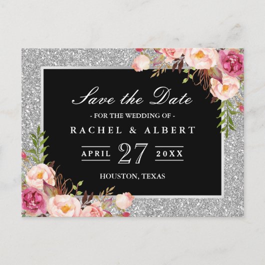 Zilveren Glitter Bloemen Bruiloft Save the Date Aankondigingskaart (Voorkant)