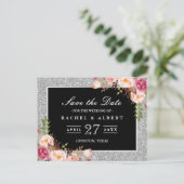 Zilveren Glitter Bloemen Bruiloft Save the Date Aankondigingskaart (Staand voorkant)
