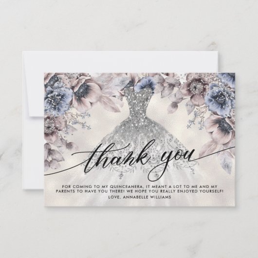 Zilveren Glitter Bloemen Quinceañera Dank u Bedankkaart (Voorkant)
