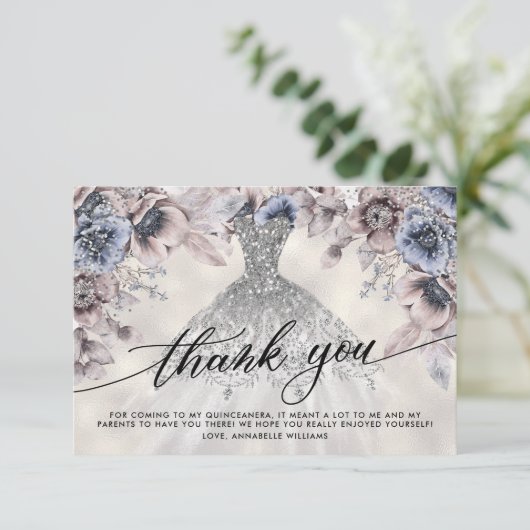 Zilveren Glitter Bloemen Quinceañera Dank u Bedankkaart (Staand voorkant)