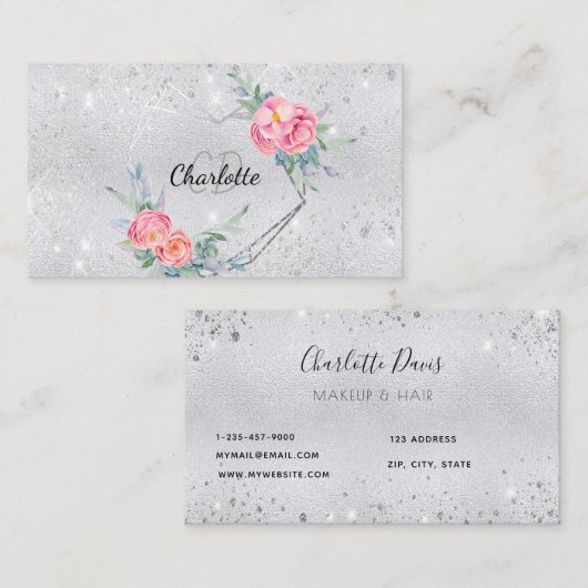 Zilveren glitter bloemenmake-up haar schoonheid visitekaartje (Voorkant / Achterkant)