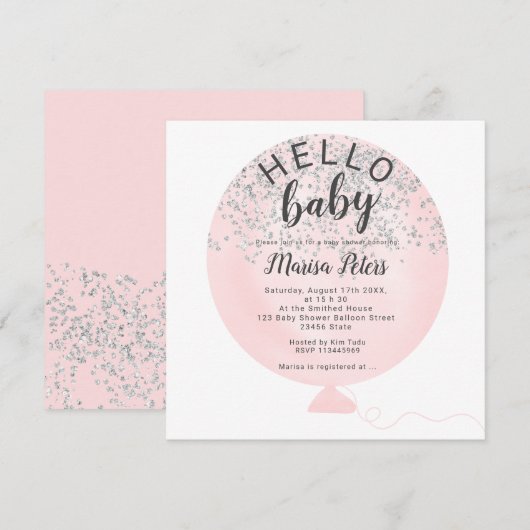 Zilveren glitter blush roze ballon baby shower kaart (Voorkant / Achterkant)