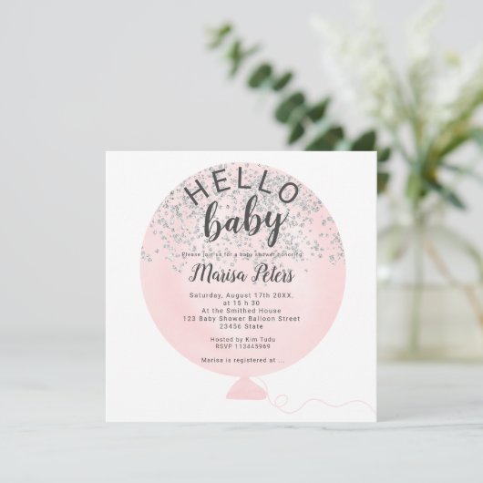 Zilveren glitter blush roze ballon baby shower kaart (Staand voorkant)