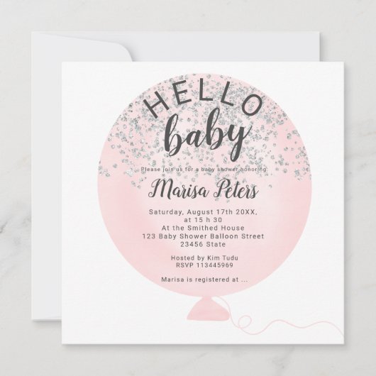Zilveren glitter blush roze ballon baby shower kaart (Voorkant)