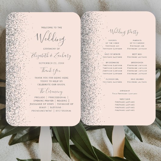 Zilveren Glitter Blush Roze Bruiloft Programma Handwaaier