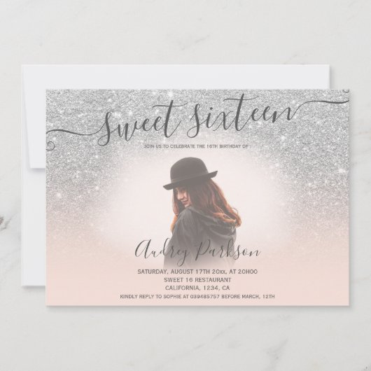 Zilveren glitter blush roze chic Sweet 16 foto Kaart (Voorkant)