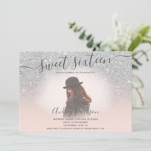 Zilveren glitter blush roze chic Sweet 16 foto Kaart (Staand voorkant)