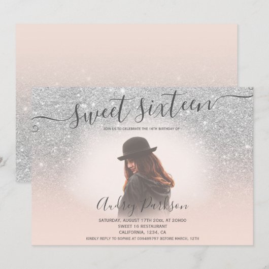 Zilveren glitter blush roze chic Sweet 16 foto Kaart (Voorkant / Achterkant)