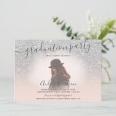Zilveren glitter blush roze chique foto afstuderen kaart (Staand voorkant)
