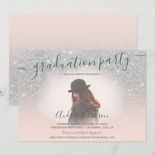 Zilveren glitter blush roze chique foto afstuderen kaart (Voorkant / Achterkant)
