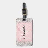 Zilveren Glitter Blush Roze Marmer Bagagelabel (Voorkant verticaal)