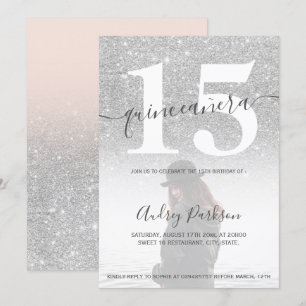 Zilveren glitter blush roze quinceanera foto kaart