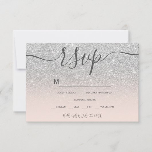 Zilveren glitter blush roze script chic rsvp (Voorkant)