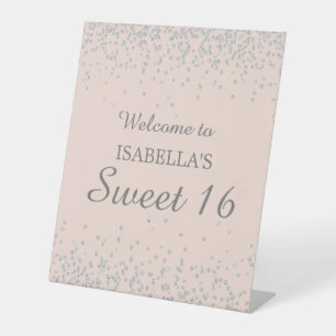 Zilveren Glitter Blush Roze Sweet 16 Welkom Naam Reclamebord Met Voetstuk