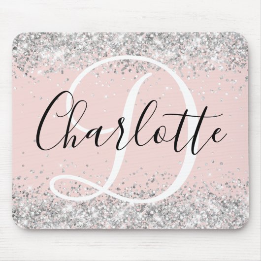 Zilveren Glitter Blush Zwart en Wit Monogram Muismat (Voorkant)