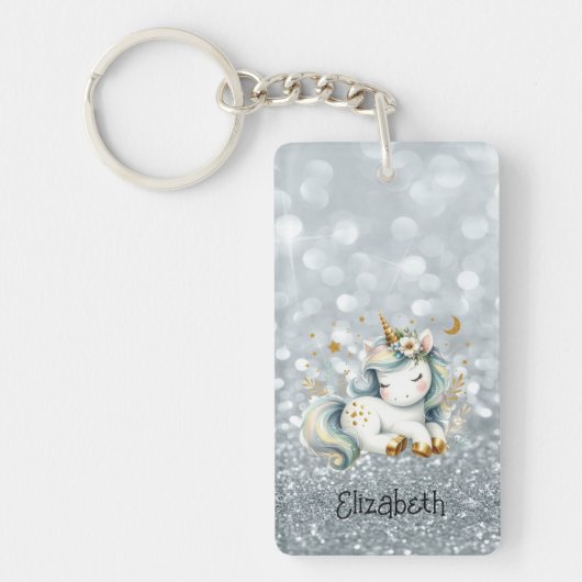 Zilveren Glitter Bokeh Baby Eenhoorn Sleutelhanger (Voorkant)