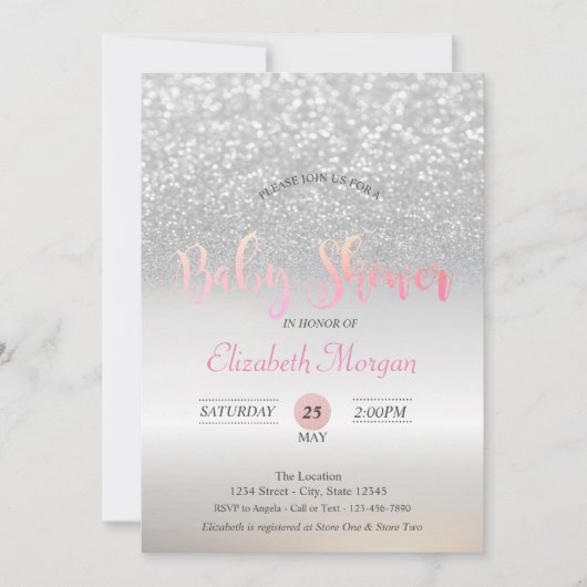 Zilveren Glitter Bokeh Baby Shower Uitnodiging (Voorkant)