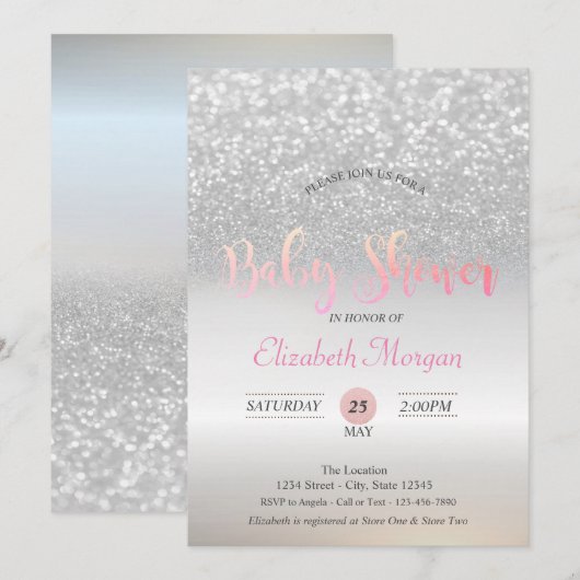 Zilveren Glitter Bokeh Baby Shower Uitnodiging (Voorkant / Achterkant)