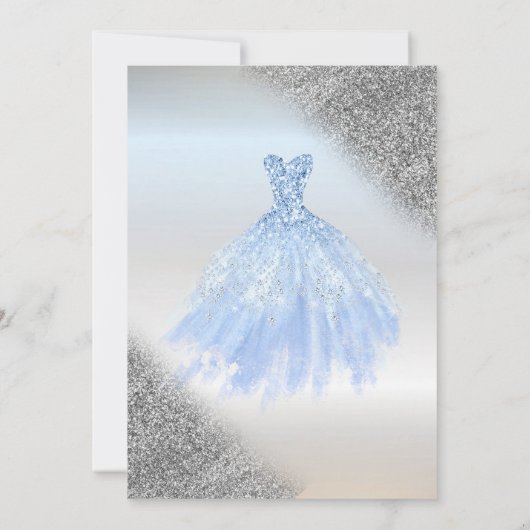 Zilveren Glitter Bokeh, Blauwe Jurk Zilver Zoet 16 Kaart (Achterkant)