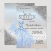Zilveren Glitter Bokeh, Blauwe Jurk Zilver Zoet 16 Kaart (Voorkant / Achterkant)