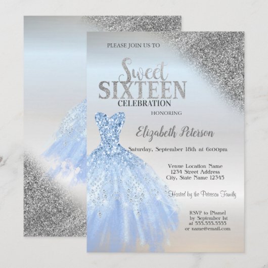 Zilveren Glitter Bokeh, Blauwe Jurk Zilver Zoet 16 Kaart (Voorkant / Achterkant)