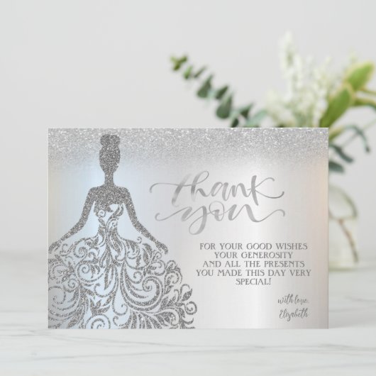 Zilveren Glitter Bokeh Ombre, Jurk Bedankkaart (Staand voorkant)