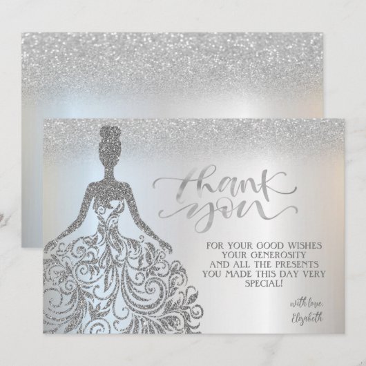 Zilveren Glitter Bokeh Ombre, Jurk Bedankkaart (Voorkant / Achterkant)