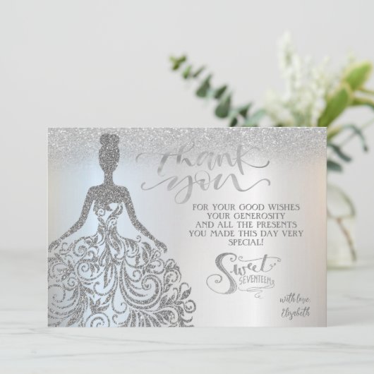 Zilveren glitter bokeh ombre, jurk zoet zeventien bedankkaart (Staand voorkant)