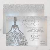 Zilveren glitter bokeh ombre, jurk zoet zeventien bedankkaart (Voorkant / Achterkant)