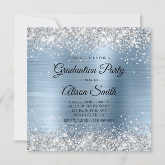 Zilveren Glitter Bord Blauw Monogram Afstudeerfees Kaart (Voorkant)