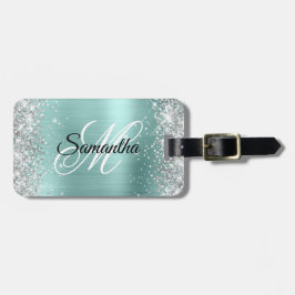 Zilveren Glitter Bord Turquoise Folie Fancy Monogr Bagagelabel
