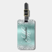 Zilveren Glitter Bord Turquoise Folie Fancy Monogr Bagagelabel (Voorkant verticaal)