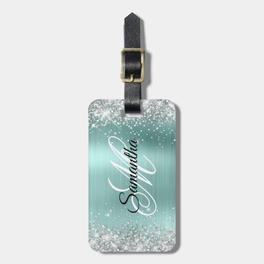 Zilveren Glitter Bord Turquoise Folie Fancy Monogr Bagagelabel (Voorkant verticaal)