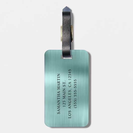 Zilveren Glitter Bord Turquoise Folie Fancy Monogr Bagagelabel (Achterkant verticaal)