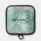 Zilveren Glitter Bord Turquoise Folie Fancy Monogr Pannenlap (Voorkant)