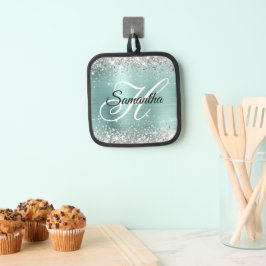 Zilveren Glitter Bord Turquoise Folie Fancy Monogr Pannenlap