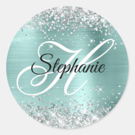 Zilveren Glitter Bord Turquoise Folie Fancy Monogr Ronde Sticker
