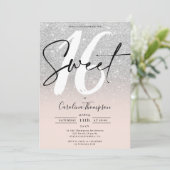 Zilveren glitter border script foto Sweet 16 Kaart (Staand voorkant)