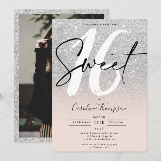 Zilveren glitter border script foto Sweet 16 Kaart (Voorkant / Achterkant)