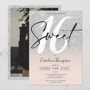 Zilveren glitter border script foto Sweet 16 Kaart