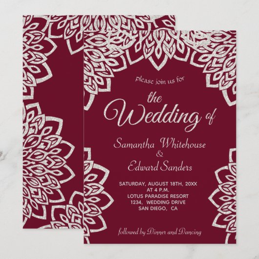 Zilveren Glitter Bourgogne Elegante bruiloft Kaart (Voorkant / Achterkant)