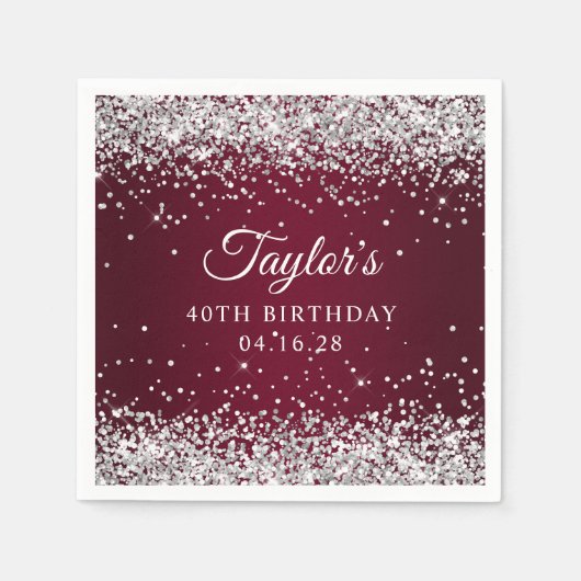 Zilveren Glitter Bourgondië Ombre 40e verjaardag Servet (Voorkant)