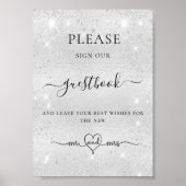 Zilveren glitter bruiloft gastenboek teken poster (Voorkant)