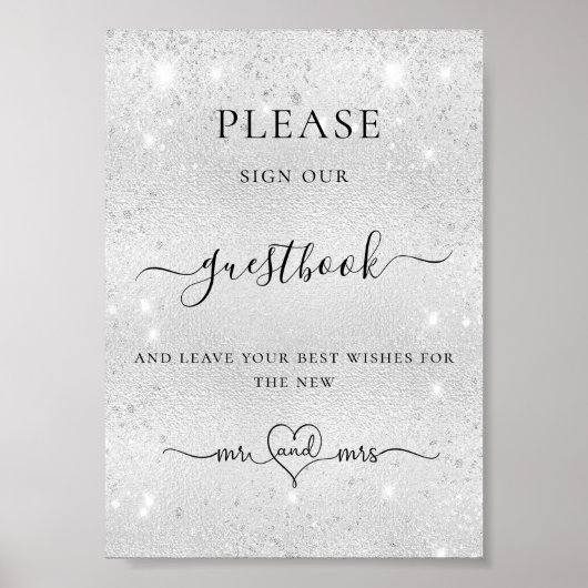 Zilveren glitter bruiloft gastenboek teken poster (Voorkant)
