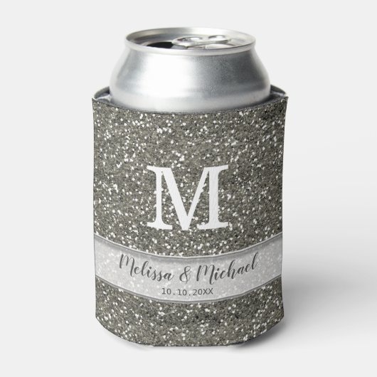 Zilveren Glitter Bruiloft Monogram Blikjeskoeler (Blikje Voorkant)