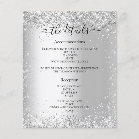 Zilveren glitter bruiloft programma details (Voorkant)